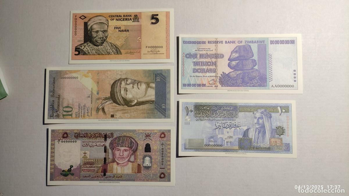 Reproductions Banknotes and Coins: BILLETES DEL MUNDO N&ordm;16 - NIGERIA, VENEZUELA, OM&Aacute;N, ZIMBABUE Y JORDANIA - 5 BILLETES.