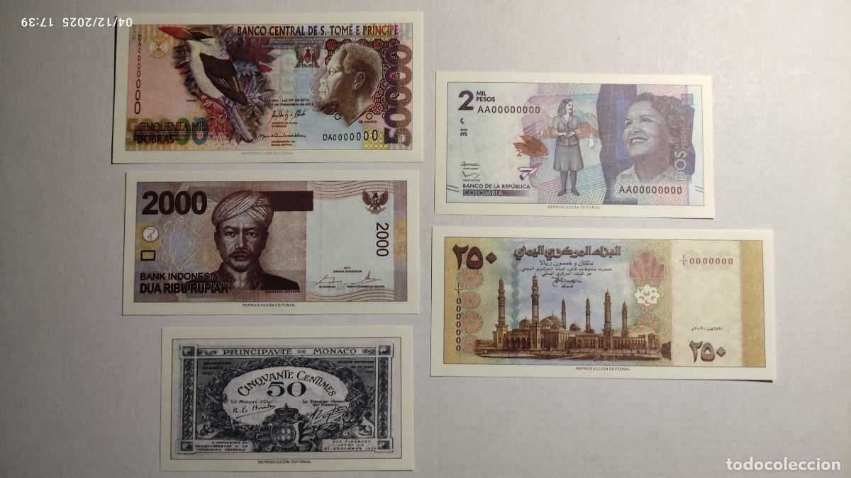 Reproductions Banknotes and Coins: BILLETES DEL MUNDO N&ordm;17 - SANTO TOM&Eacute; PRINCIPE, INDONESIA, M&Oacute;NACO, COLOMBIA, YEMEN- 5 BILLETES.