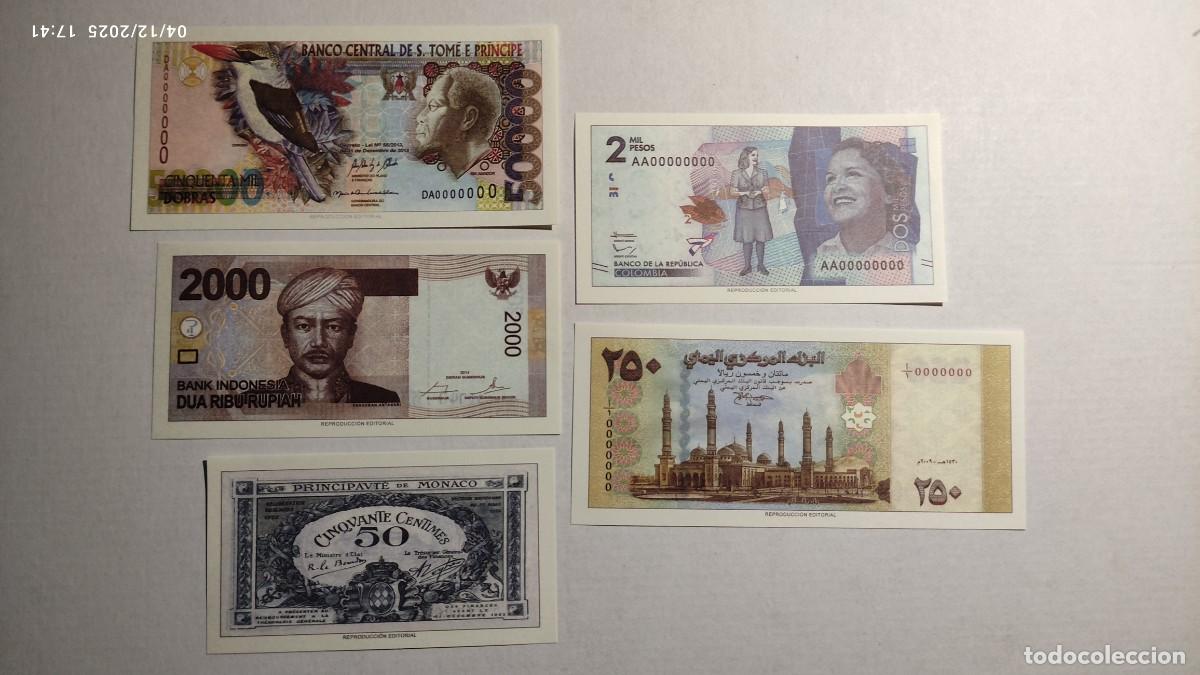 Reproducciones billetes y monedas: BILLETES DEL MUNDO N&ordm;17 - SANTO TOM&Eacute; PRINCIPE, INDONESIA, M&Oacute;NACO, COLOMBIA, YEMEN- 5 BILLETES.