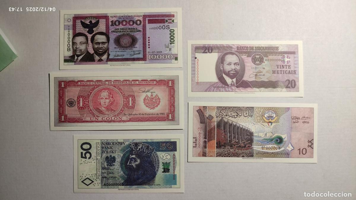 Reproducciones billetes y monedas: BILLETES DEL MUNDO N&ordm;18 - BURUNDI, EL SALVADOR, POLONIA, MOZAMBIQUE, KUWAIT- 5 BILLETES.