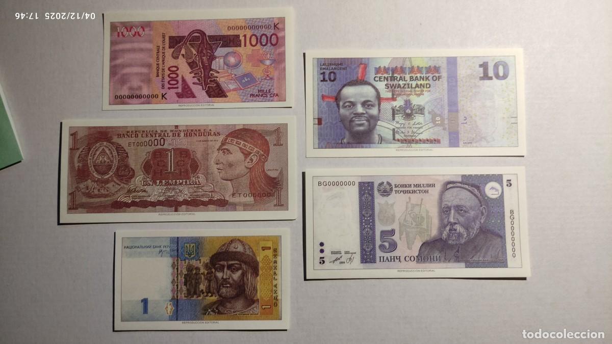 Reproducciones billetes y monedas: BILLETES DEL MUNDO N&ordm;20 - BENIN, HONDURAS, UCRANIA, SUAZILANDIA, TAYIKIST&Aacute;N - 5 BILLETES.
