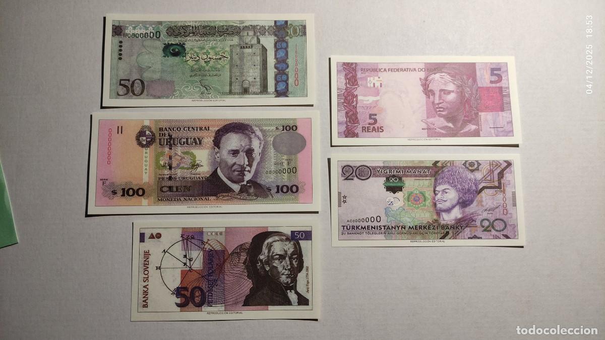 Reproducciones billetes y monedas: BILLETES DEL MUNDO N&ordm;21 - LIBIA, URUGUAY, ESLOVENIA, BRASIL, TURKMENIST&Aacute;N - 5 BILLETES.