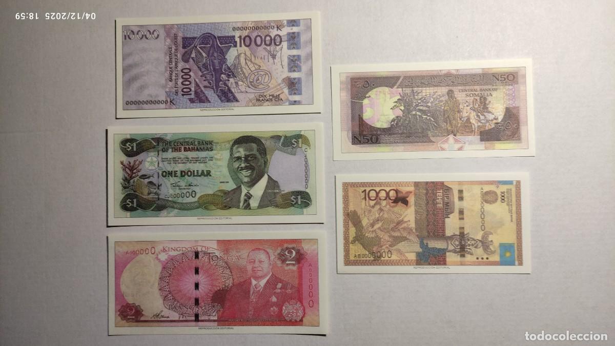 Reproducciones billetes y monedas: BILLETES MUNDO N&ordm;25 - GUINEA-BISAU, BAHAMAS, TONGA, SOMALIA, KAZAJIST&Aacute;N - 5 BILLETES.