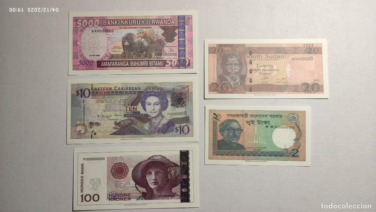 Reproducciones billetes y monedas: BILLETES MUNDO N&ordm;26 - RUANDA, DOMINICA, NORUEGA, SUD&Aacute;N DEL SUR, BANGLADESH - 5 BILLETES.