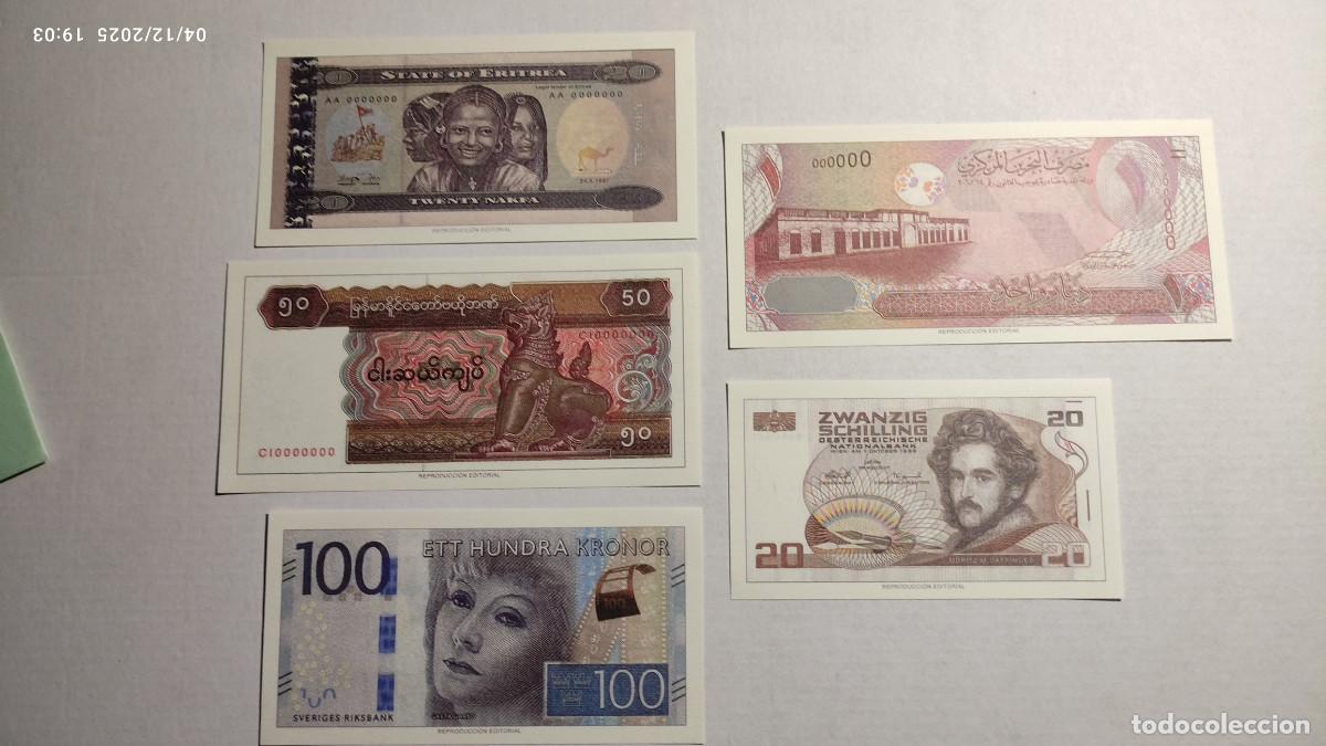 Reproducciones billetes y monedas: BILLETES MUNDO N&ordm;28 - ERITREA, MYANMAR, SUECIA, BAHR&Eacute;IN, AUSTRIA - 5 BILLETES.