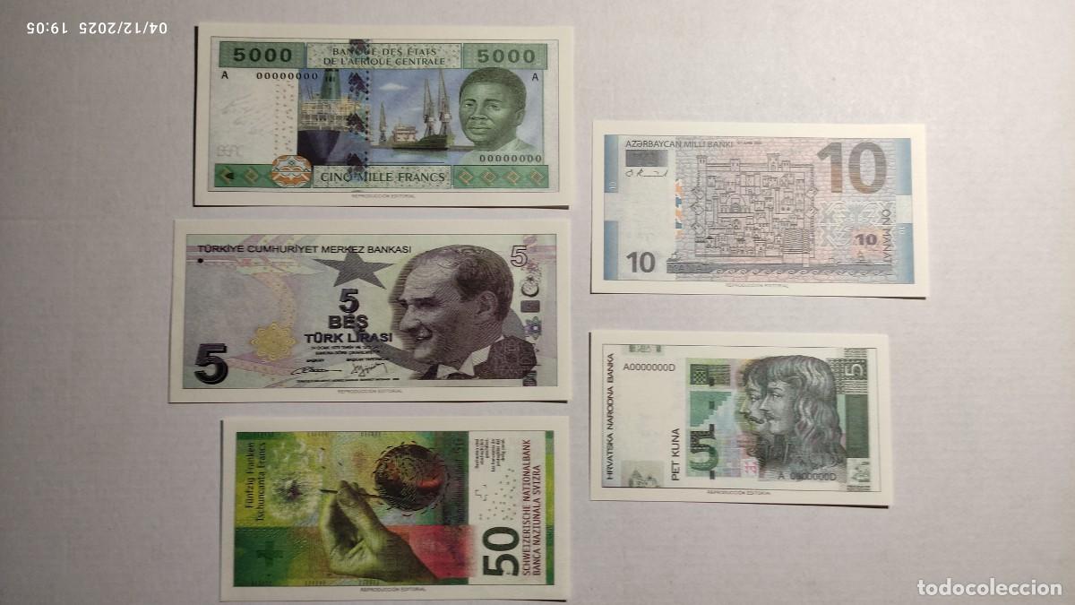 Reproducciones billetes y monedas: BILLETES MUNDO N&ordm;29 - CONGO, TURQUIA, SUIZA, AZERBAIY&Aacute;N, CROACIA - 5 BILLETES.