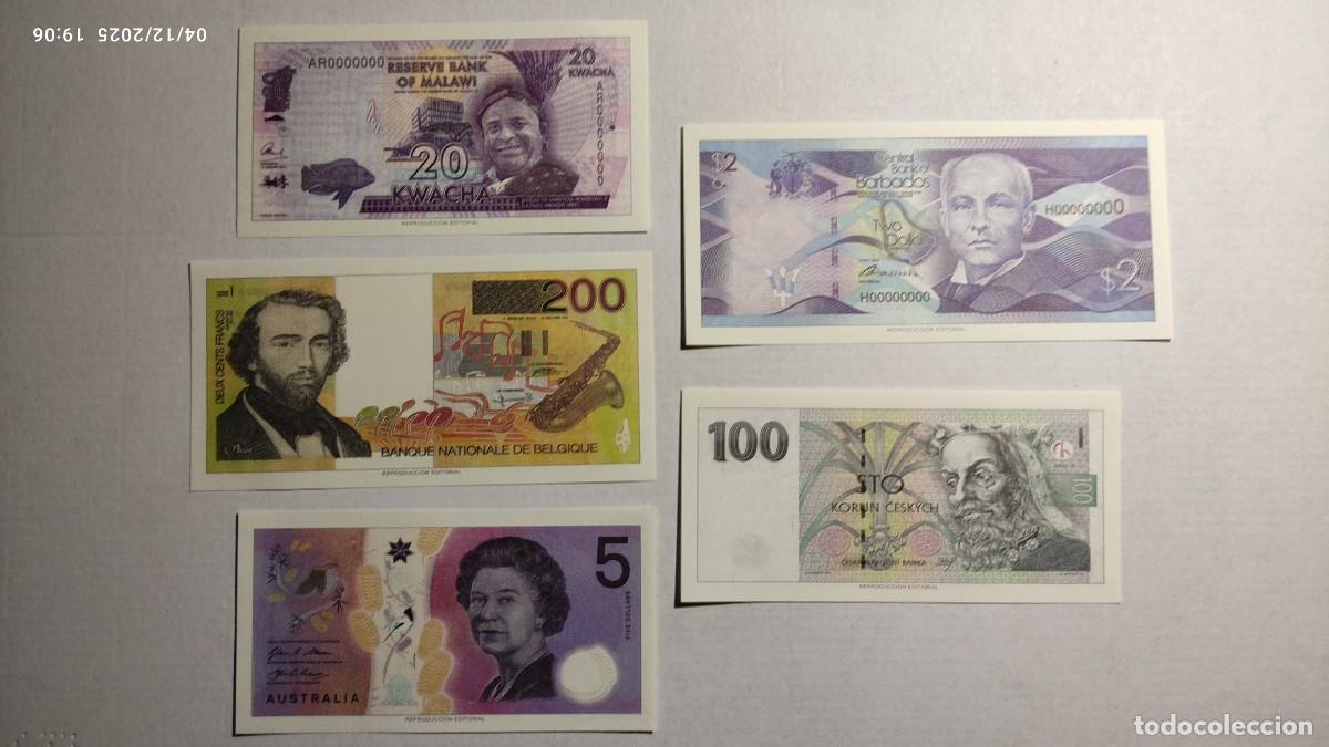 Reproducciones billetes y monedas: BILLETES MUNDO N&ordm; 30 - MALAUI, B&Eacute;LGICA, AUSTRALIA, BARBADOS Y REP. CHECA - 5 BILLETES.
