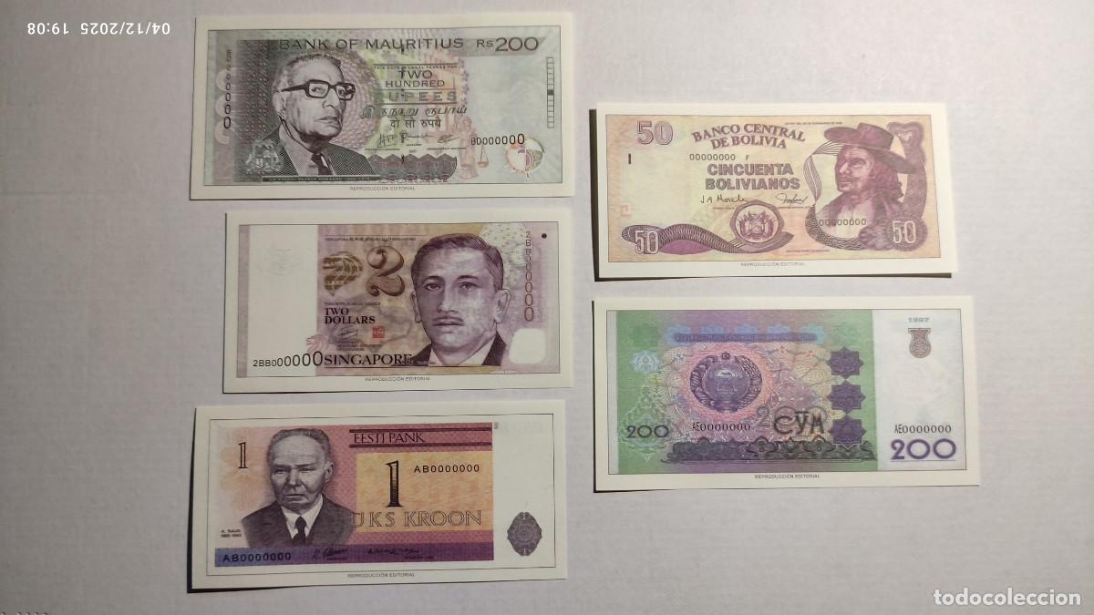 Reproducciones billetes y monedas: BILLETES MUNDO N&ordm;32 - MAURICIO, SINGAPUR, ESTONIA, BOLIVIA, UZBEKIST&Aacute;N - 5 BILLETES.