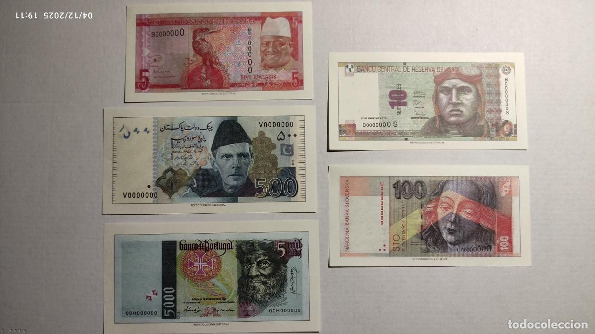 Reproducciones billetes y monedas: BILLETES MUNDO N&ordm; 34 - GAMBIA, PAKIST&Aacute;N, PORTUGAL, PER&Uacute; Y ESLOVAQUIA - 5 BILLETES.