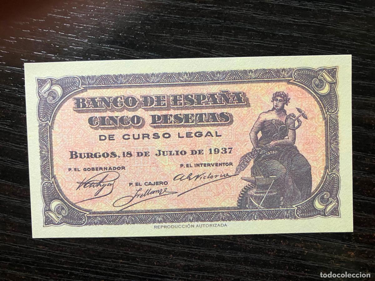Reprodu&ccedil;&otilde;es notas e moedas: Billete Espa&ntilde;a - reproducci&oacute;n - 5 pesetas 1937