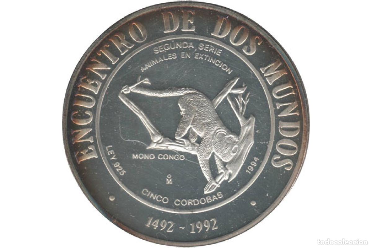 Reproducciones billetes y monedas: Moneda de plata - Cinco Cordores de Nicaragua - Mono Congo