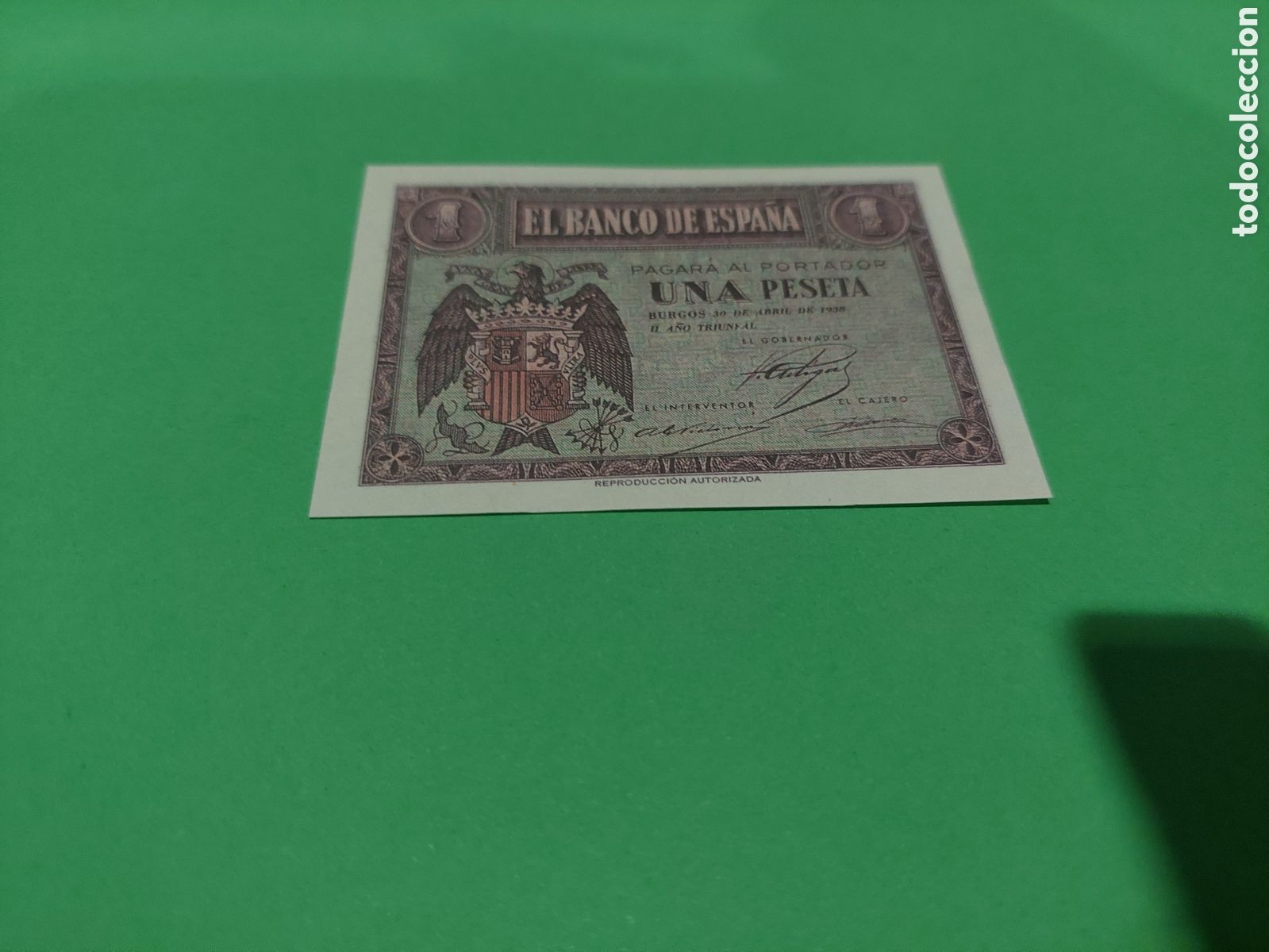 Reproducciones billetes y monedas: REPRODUCCI&Oacute;N AUTORI BILLETE FRANQUISMO BURGOS A&Ntilde;O TRIUNFAL 30 ABRIL 1938 UNA PESETA BANCOS DE ESPA&Ntilde;A