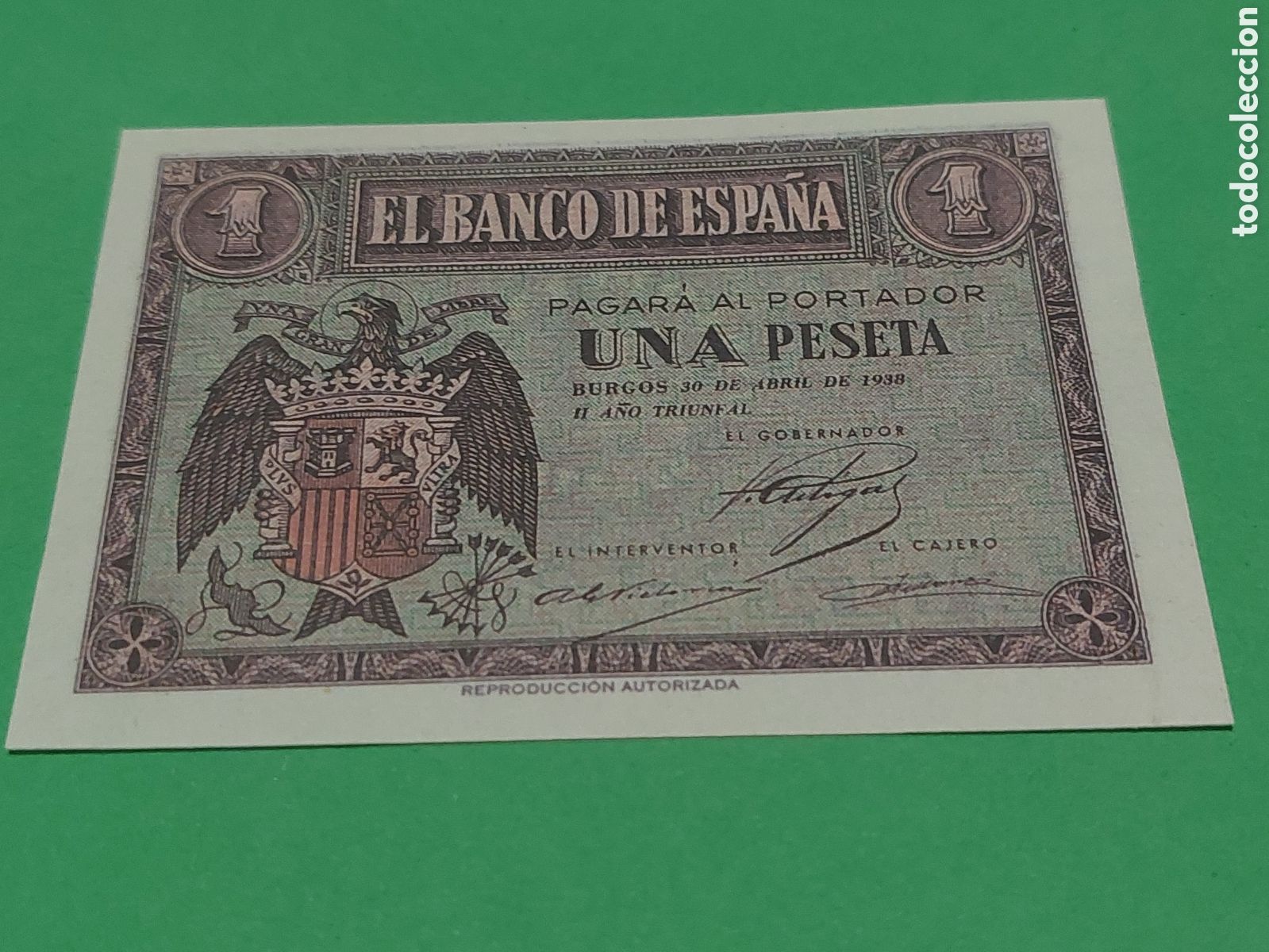Reproducciones billetes y monedas: REPRODUCCI&Oacute;N AUTORIZA BILLETE FRANQUISMO BURGOS ABRIL 1938 UNA PESETA &Aacute;GUILA FRANQUISMO BANCO ESPA&Ntilde;A