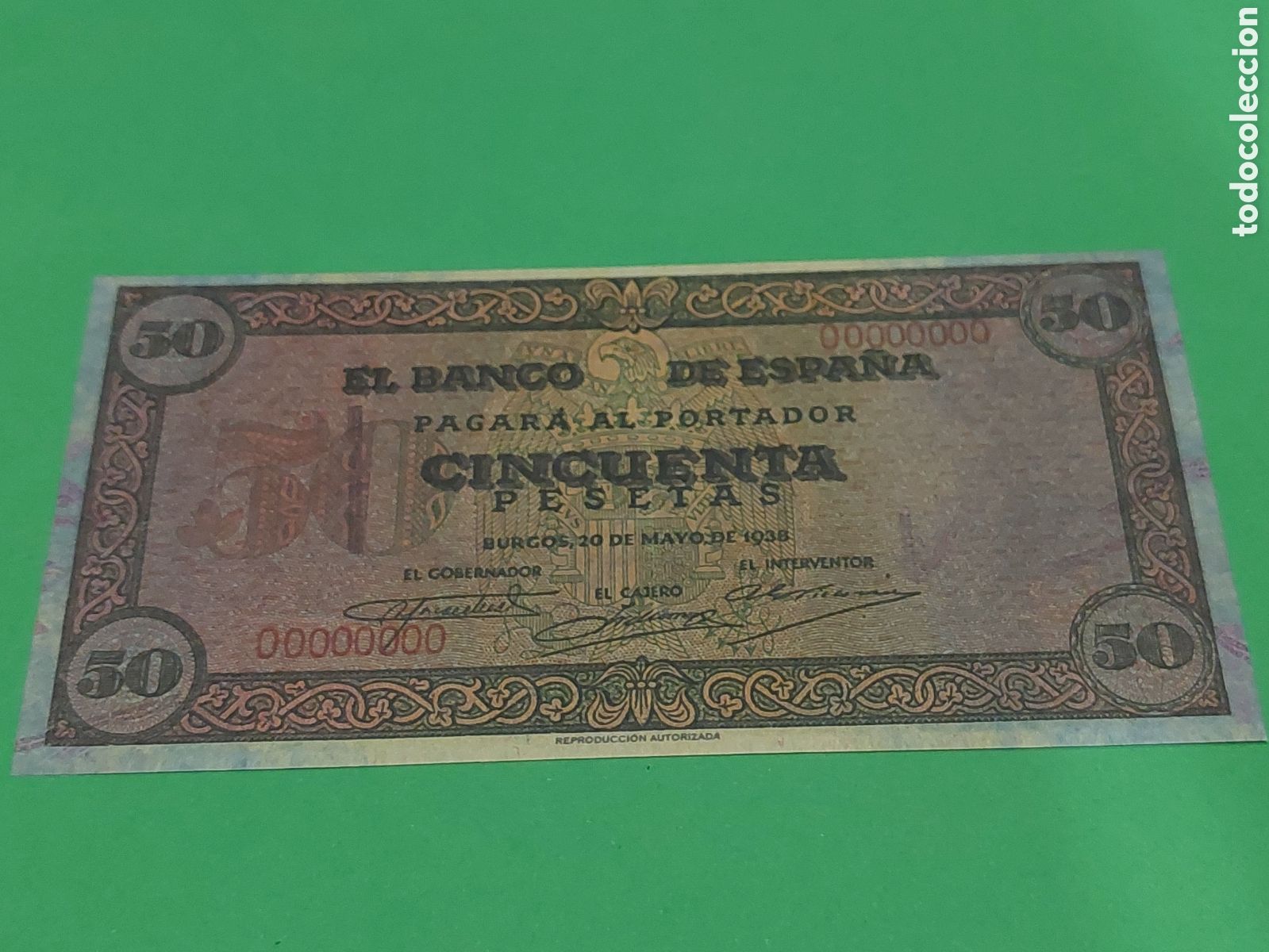 Reproducciones billetes y monedas: REPRODUCCION AUTORIZADA &Aacute;GUILA BILLETE FRANQUISMO BURGOS 20 MAYO 1938 50 PESETAS BANCO ESPA&Ntilde;A