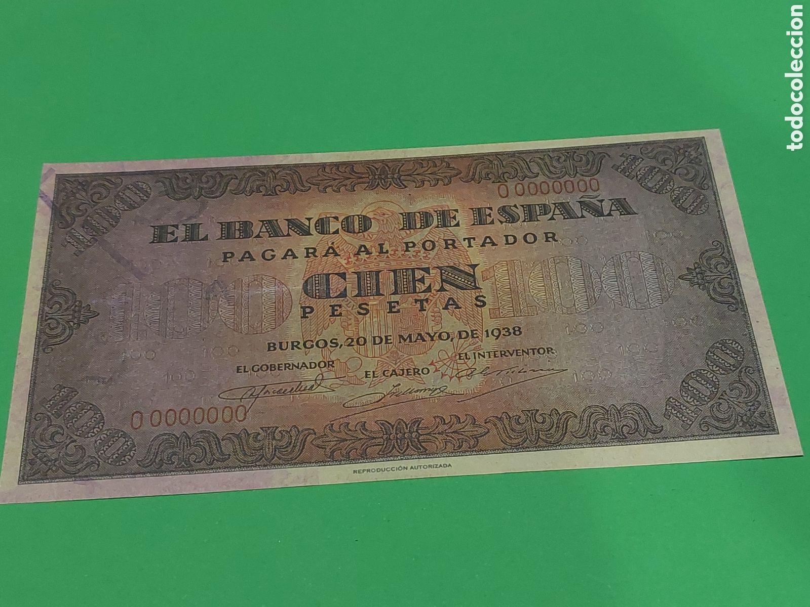 Reproducciones billetes y monedas: REPRODUCCI&Oacute;N AUTORIZADA BILLETE FRANQUISMO BURGOS 20 MAYO 1938 100 PESETAS BANCO ESPA&Ntilde;A