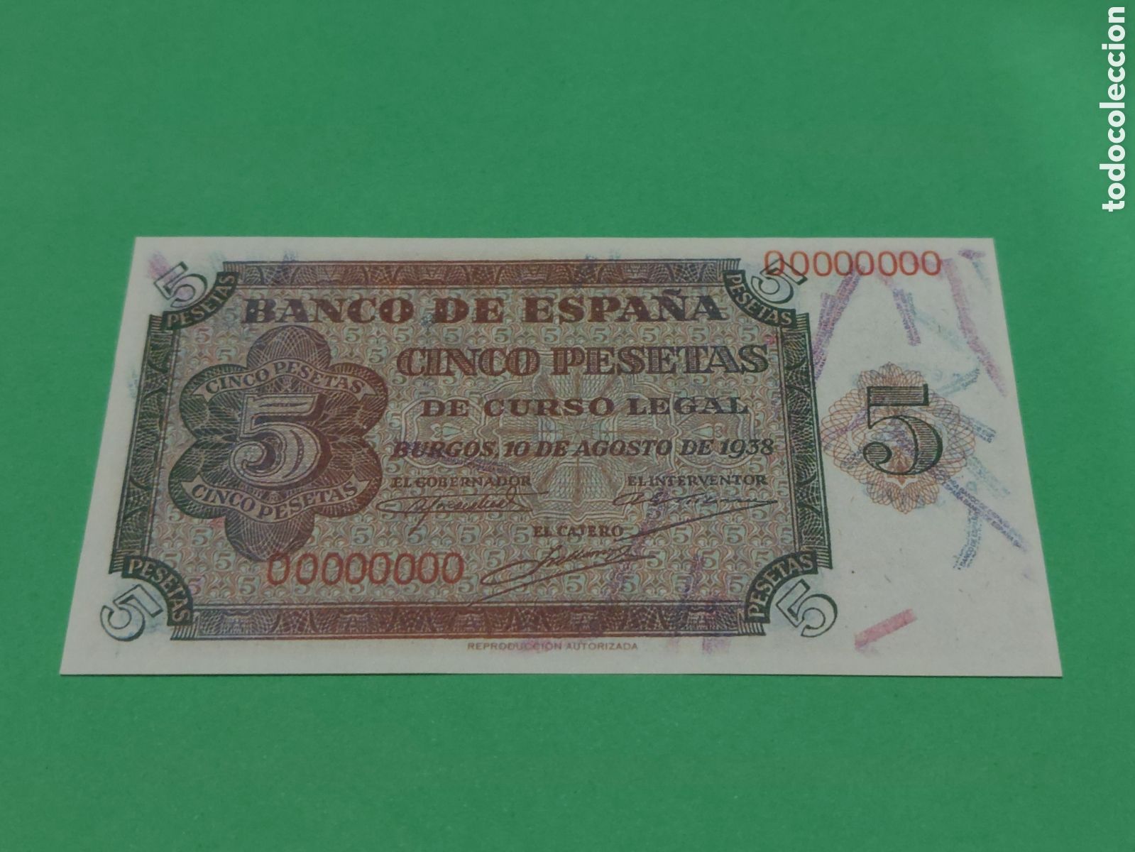 Reproducciones billetes y monedas: REPRODUCCI&Oacute;N BILLETE FRANQUISMO AUTORIZADA 5 PESETAS BANCO ESPA&Ntilde;A BURGOS 10 AGOSTO 1938
