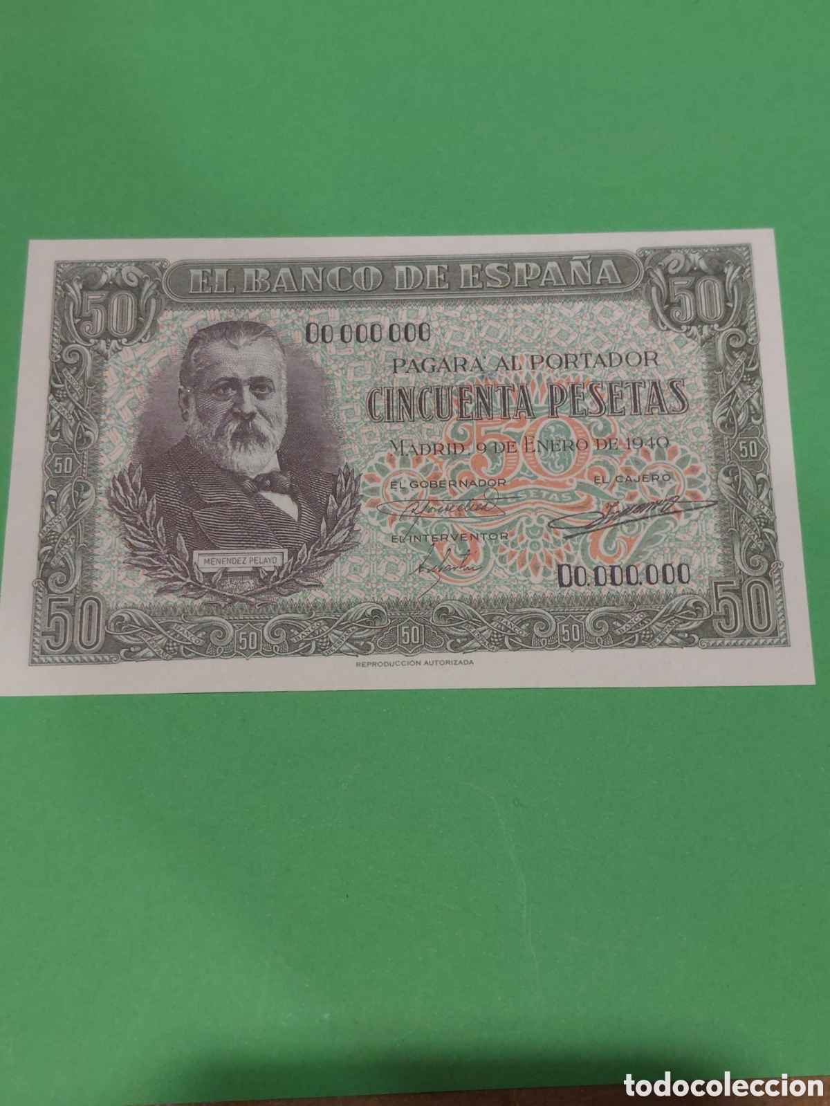 Reproducciones billetes y monedas: REPRODUCCION AUTORIZADA BILLETE FRANQUISMO BANCO ESPA&Ntilde;A 1 ENERO 1940 50 PESETAS MENENDEZ PELAYO