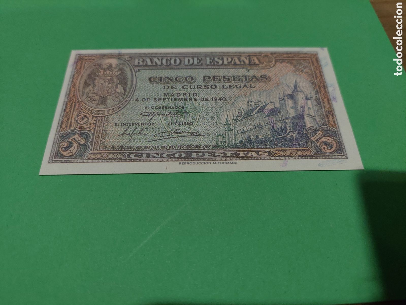 Reproductions Banknotes and Coins: REPRODUCCI&Oacute;N AUTORIZADA BANCO ESPA&Ntilde;A CIN PESETAS 4 SEPTIEMBRE 1940 ALCAZAR SEGOVIA &Aacute;GUILA FRANQUISMO
