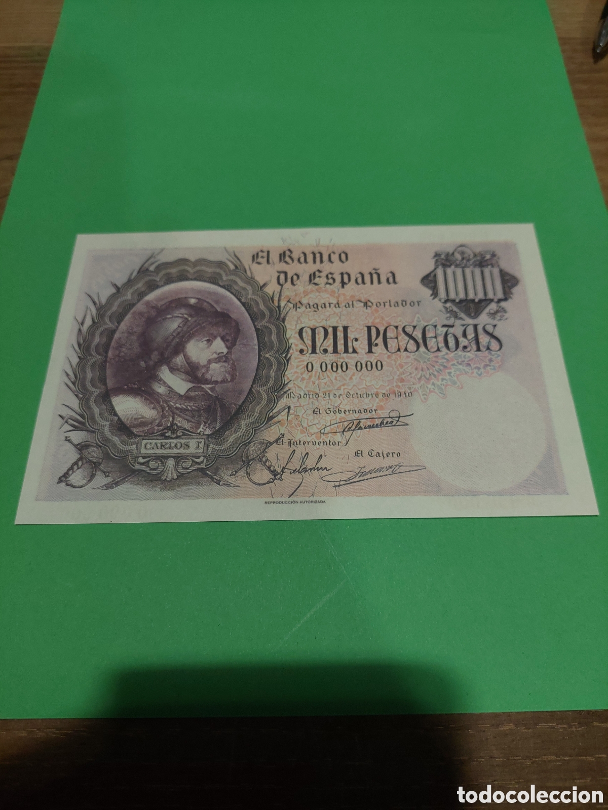 Reproductions Banknotes and Coins: REPRODUCCI&Oacute;N AUTORIZADA BANCO ESPA&Ntilde;A 1000 PESETAS 21 OCTUBRE 1940 CARLOS I 109X60 MM