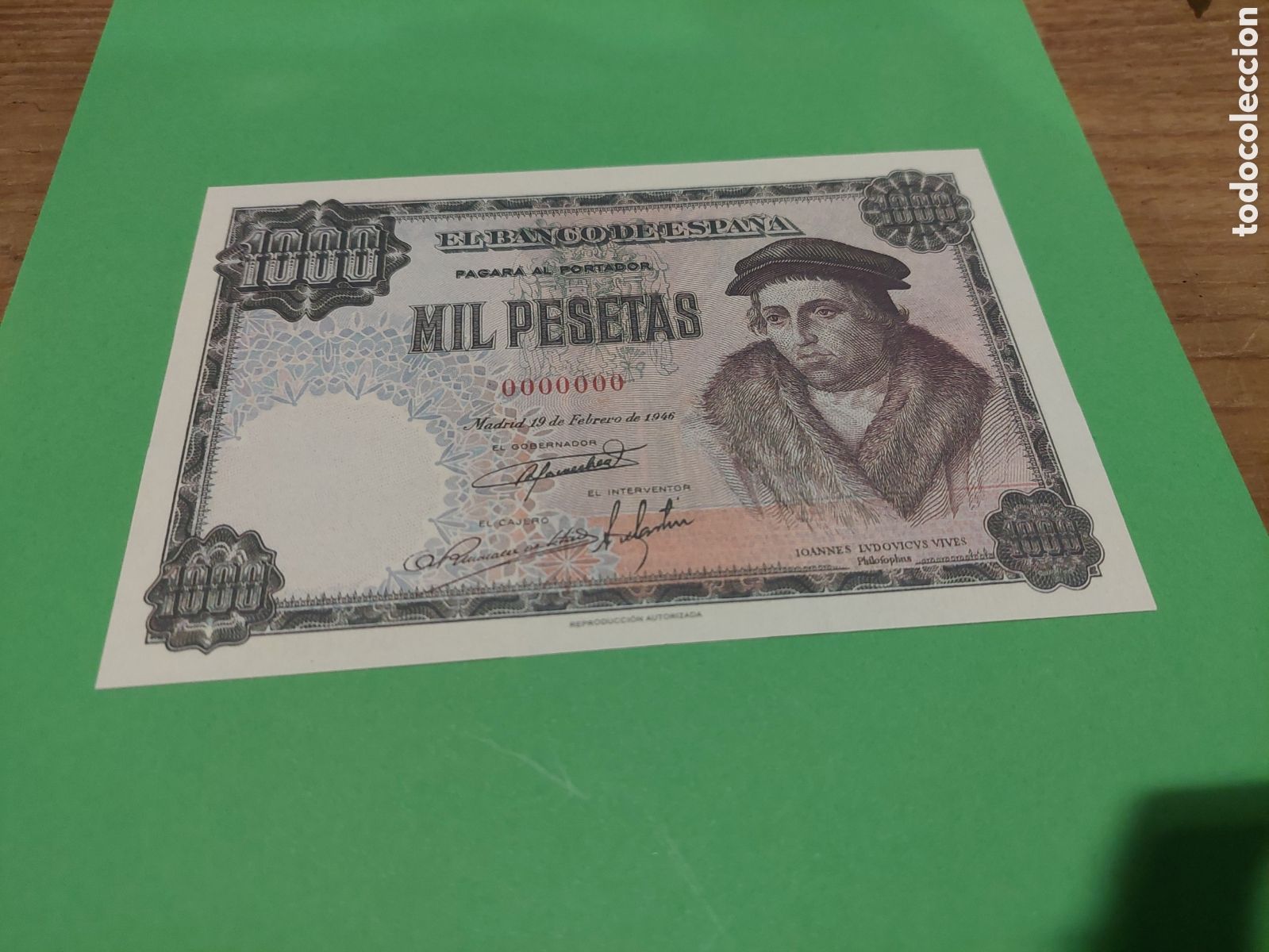 Reproductions Banknotes and Coins: REPRODUCCI&Oacute;N AUTORIZADA BANCO ESPA&Ntilde;A 1000 PESETAS 19 FEBRERO 1946 155X102 MM COLEGIO PATRIARCA