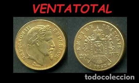 Reproducciones billetes y monedas: FRANCIA MONEDA DE 20 FRANCOS A&Ntilde;O 1862 DE ORO LAMINADO - PESA 6,6 GRAMOS ( EMPERADOR NAPOLEON )