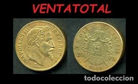 Reproducciones billetes y monedas: FRANCIA MONEDA DE 20 FRANCOS A&Ntilde;O 1869 DE ORO LAMINADO - PESA 6,6 GRAMOS ( EMPERADOR NAPOLEON )