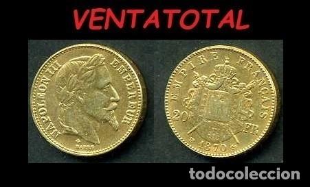Reproductions Banknotes and Coins: FRANCIA MONEDA DE 20 FRANCOS A&Ntilde;O 1870 DE ORO LAMINADO - PESA 6,2 GRAMOS ( EMPERADOR NAPOLEON )