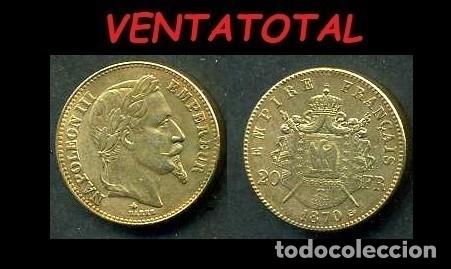 Reproductions Banknotes and Coins: FRANCIA MONEDA DE 20 FRANCOS A&Ntilde;O 1870 DE ORO LAMINADO - PESA 6,6 GRAMOS ( EMPERADOR NAPOLEON )