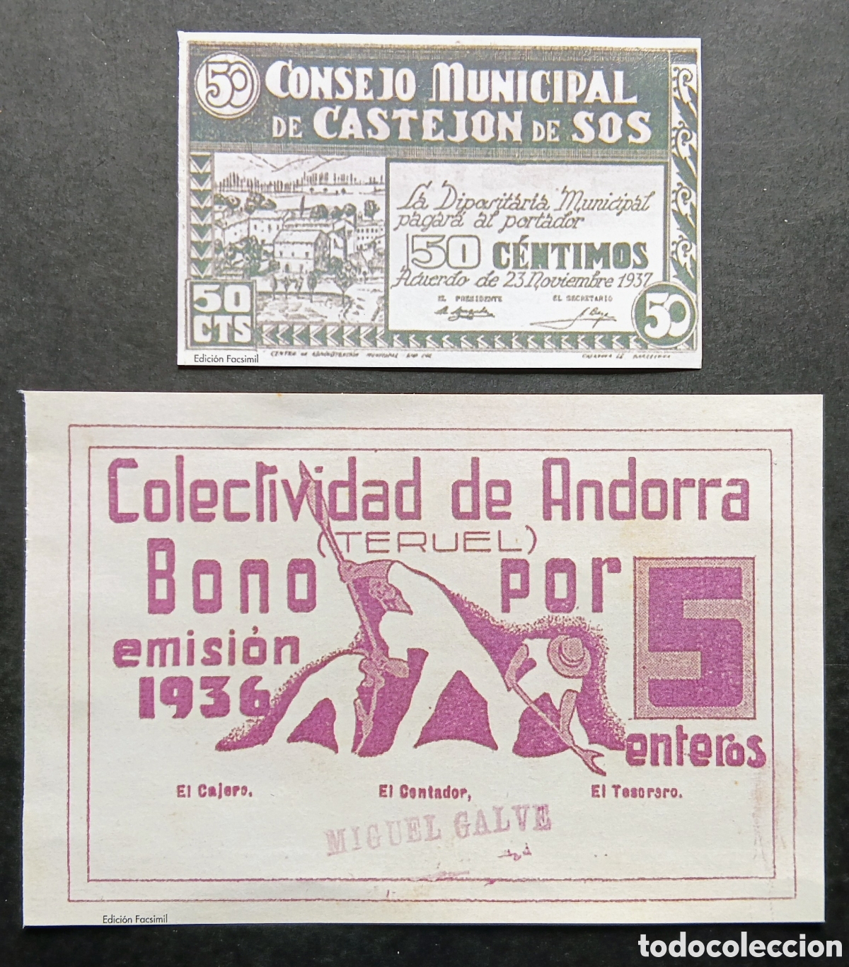 Reproducciones billetes y monedas: 2 BILLETES LOCALES MUNICIPIOS DE ARAGON