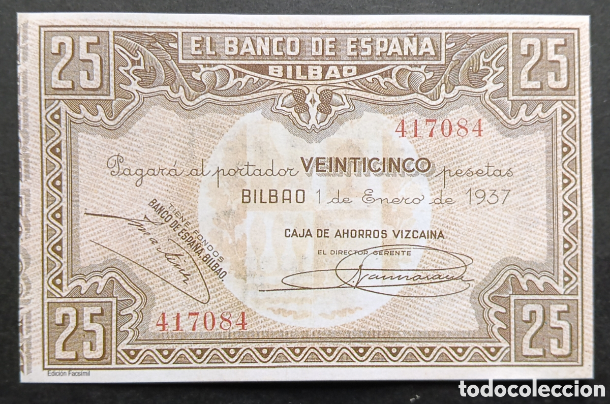 Reproducciones billetes y monedas: BILLETE BANCO DE BILBAO 25 PTA 1937