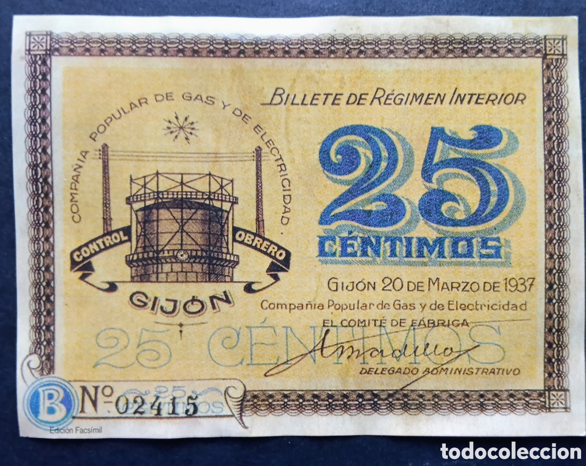 Reproducciones billetes y monedas: BILLETE LOCAL 25 CTM GIJ&Oacute;N ASTURIAS 1937