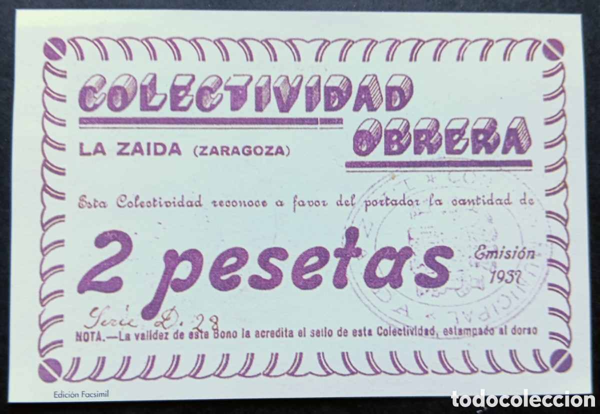 Reproducciones billetes y monedas: BILLETE LOCAL 2 PTA LA ZAIDA ZARAGOZA