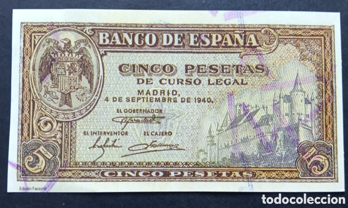 Reproducciones billetes y monedas: BILLETE ESTADO ESPA&Ntilde;OL 5 PTA 1940