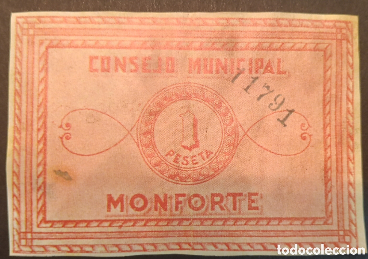 Reproducciones billetes y monedas: BILLETE LOCAL 1 PTA MONFORTE ALICANTE