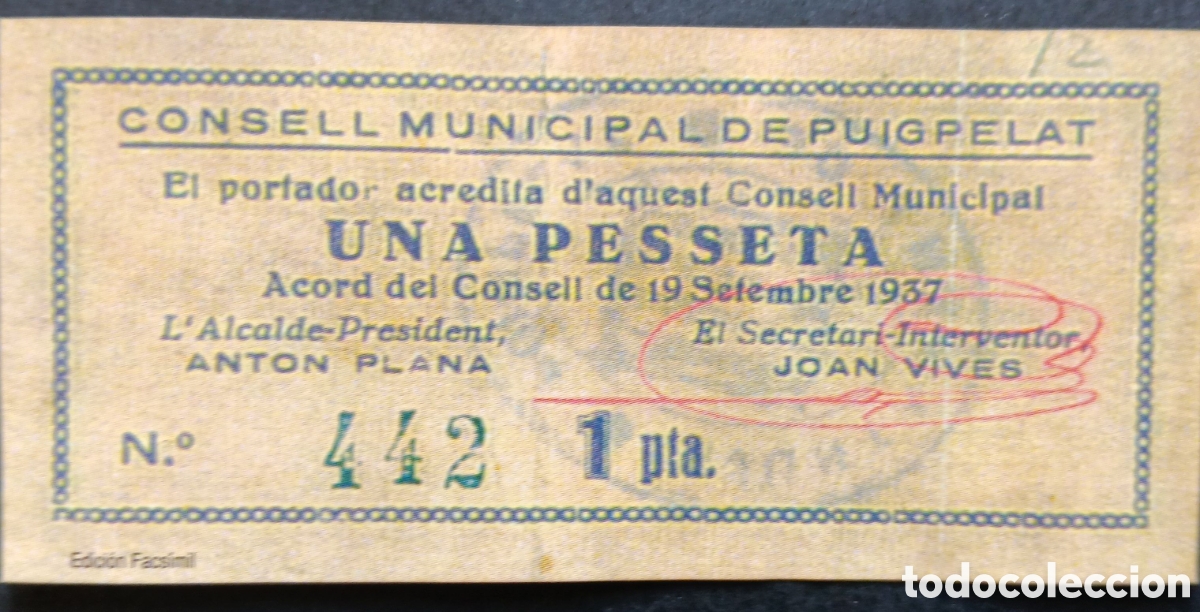 Reproducciones billetes y monedas: BILLETE LOCAL DE PUIGPELAT TARRAGONA