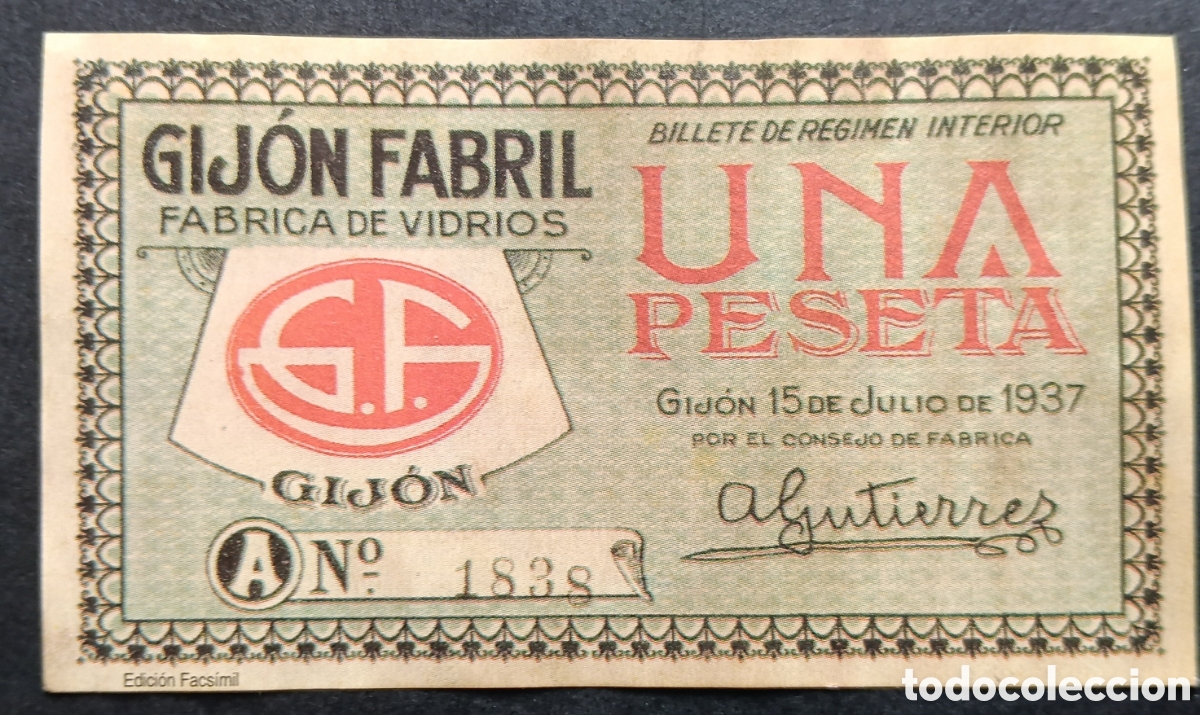 Reproducciones billetes y monedas: BILLETE LOCAL 1 PTA GIJ&Oacute;N ASTURIAS 1937