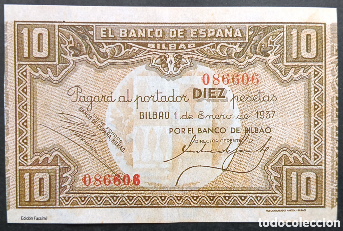 Reproducciones billetes y monedas: BILLETE 10 PTA BANCO DE BILBAO 1937