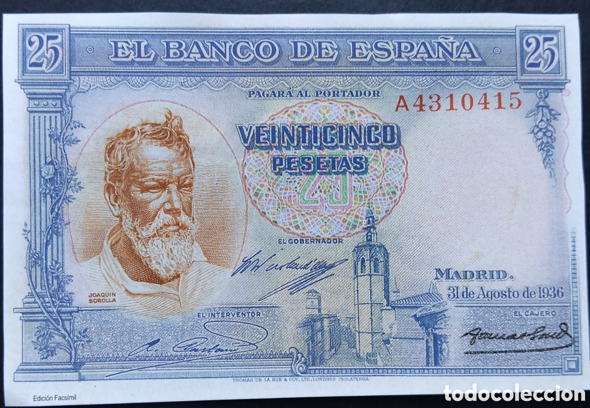 Reproducciones billetes y monedas: BILLETE II REPUBLICA 25 PTA 1936