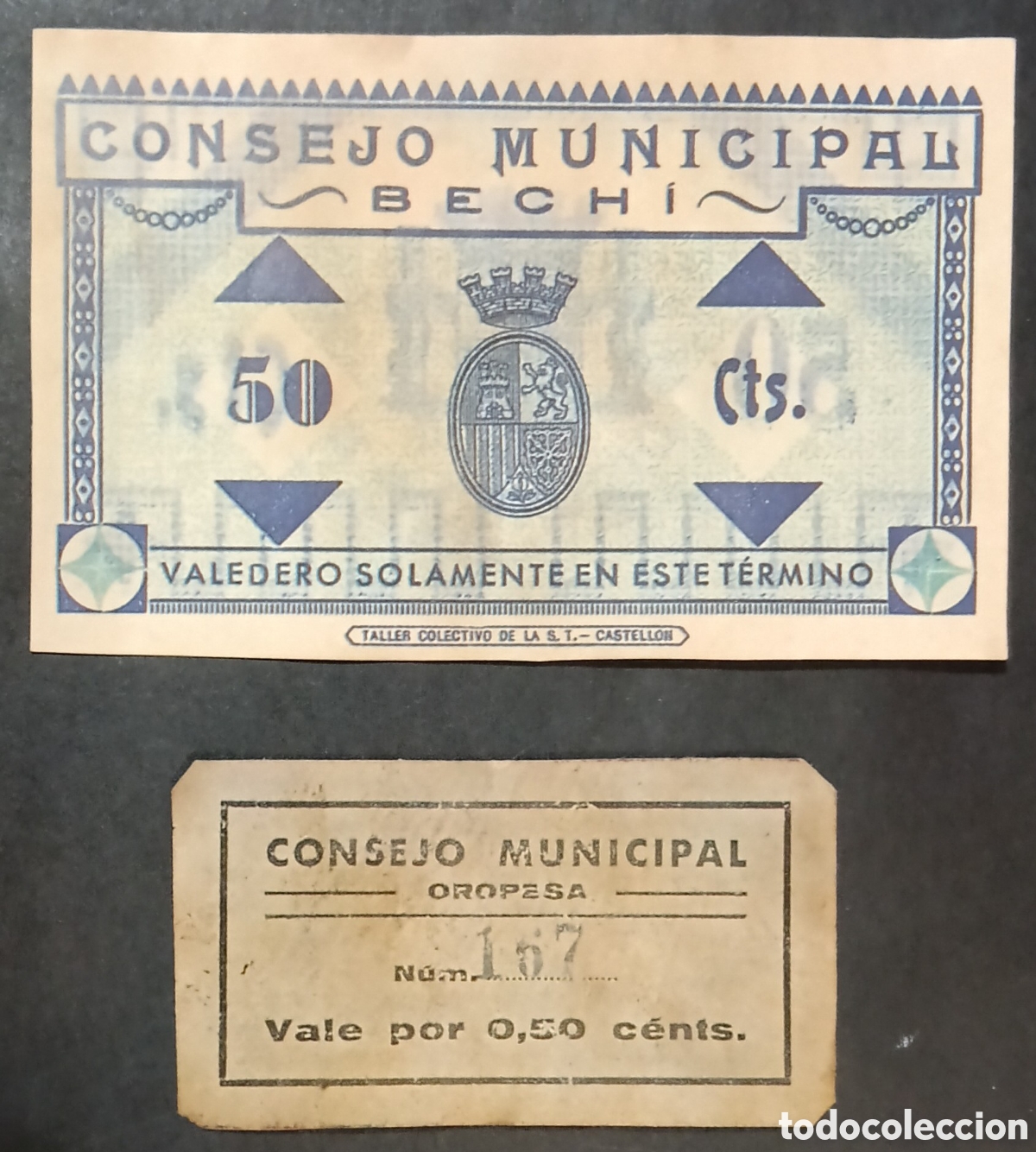 Reproducciones billetes y monedas: 2 BILLETES LOCALES PROVINCIA CASTELL&Oacute;N
