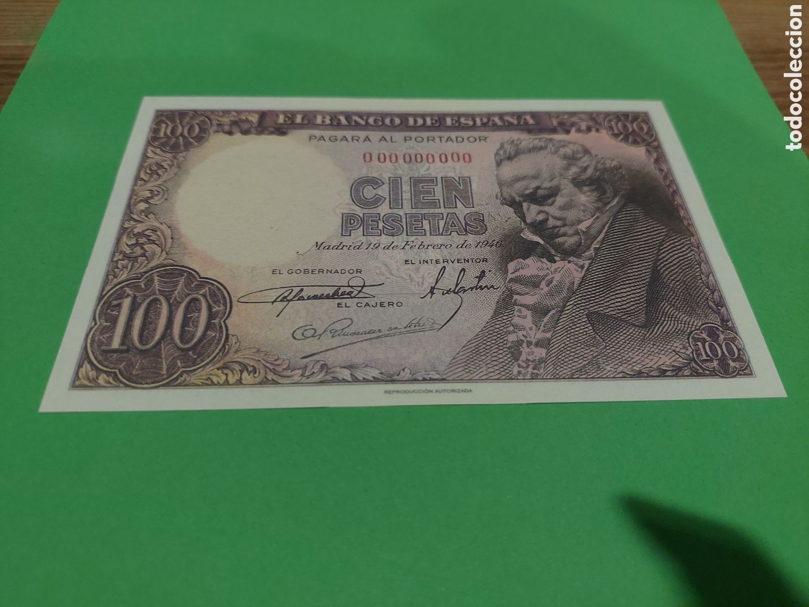 Reproducciones billetes y monedas: REPRODUCCI&Oacute;N AUTORIZADA CUEN PESETAS 19 FEBRERO 1946 GOYA,140x89,5