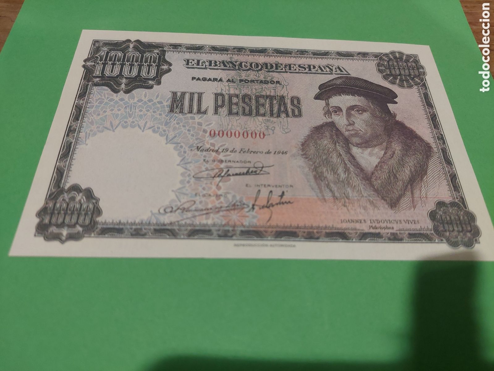 Reproducciones billetes y monedas: REPRODUCCI&Oacute;N AUTORIZADA BANCO ESPA&Ntilde;A 1000 PESETAS 19 FEBRERO 1946 LUIS VIVES 155X102 MM