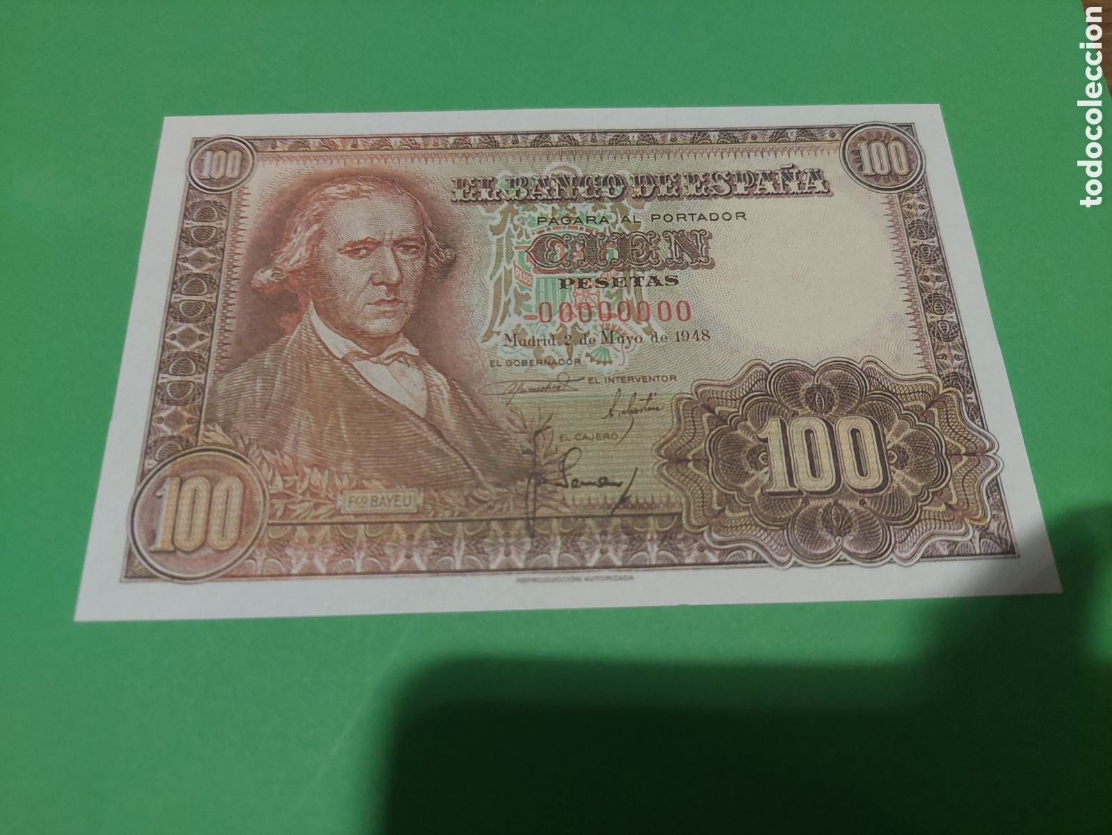 Reproducciones billetes y monedas: REPRODUCCI&Oacute;N AUTORIZADA BANCO ESPA&Ntilde;A 100 PESETAS 2 MAYO 1948 BAYEU SUEGRP GOYA 13.5X89.5
