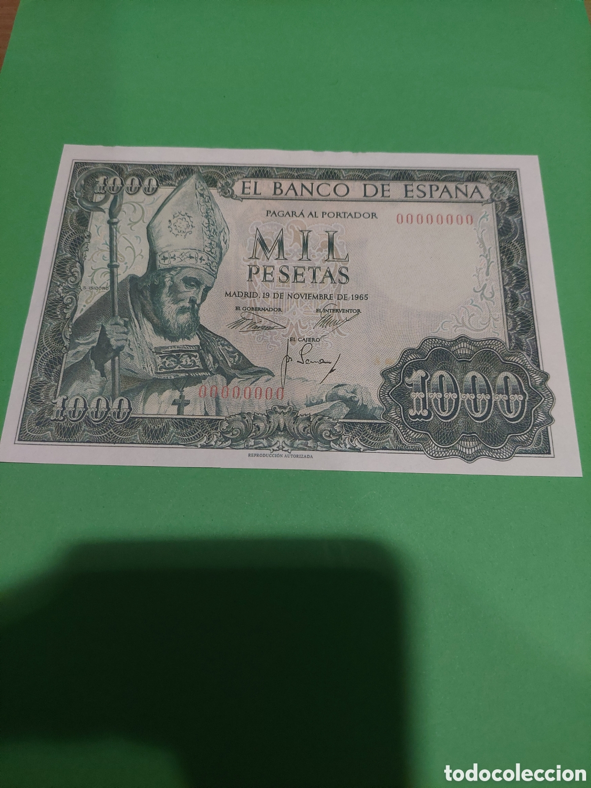 Reproducciones billetes y monedas: REPRODUCCION AUTORIZADA BILLETE BANCO ESPA&Ntilde;A 1000 PESETAS 19 NOVIEMBRE 1965 S ISIDORO 155X107 MM
