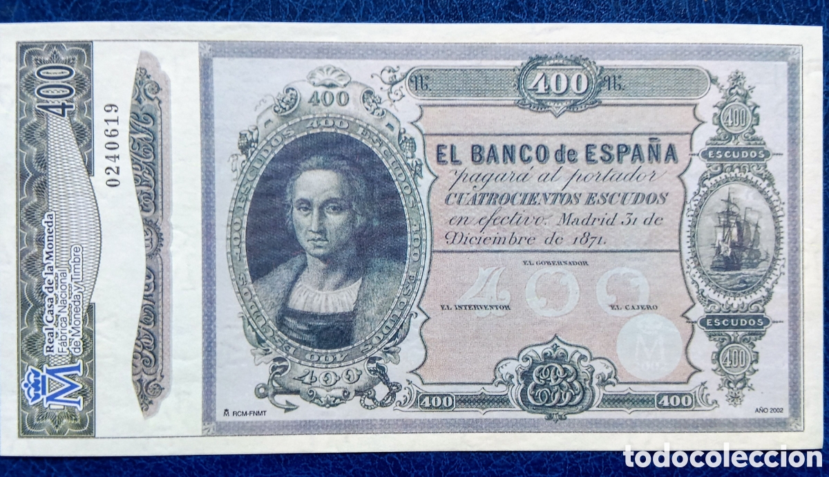 Reproducciones billetes y monedas: 400 ESCUDOS 1871 ISABEL II REPRODUCCI&Oacute;N