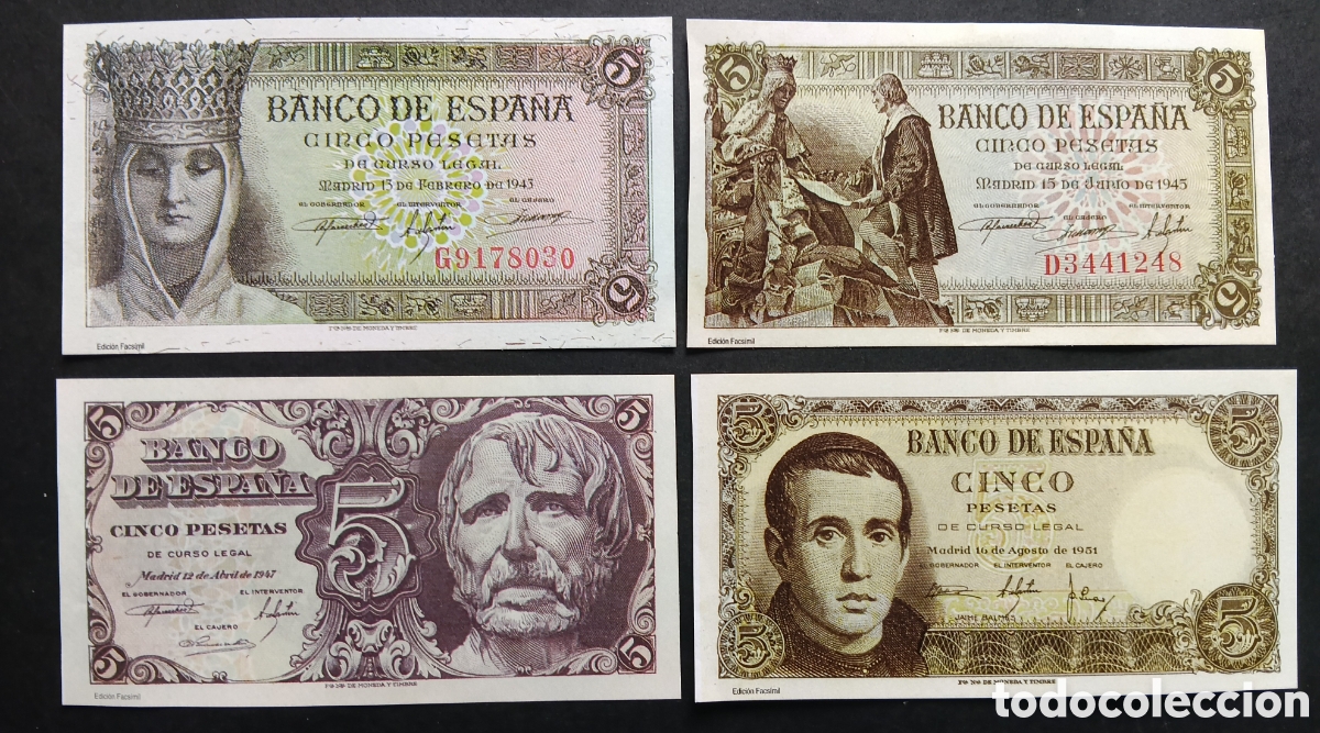 Reproducciones billetes y monedas: 4 BILLETES DE 5 PTA ESTADO ESPA&Ntilde;OL