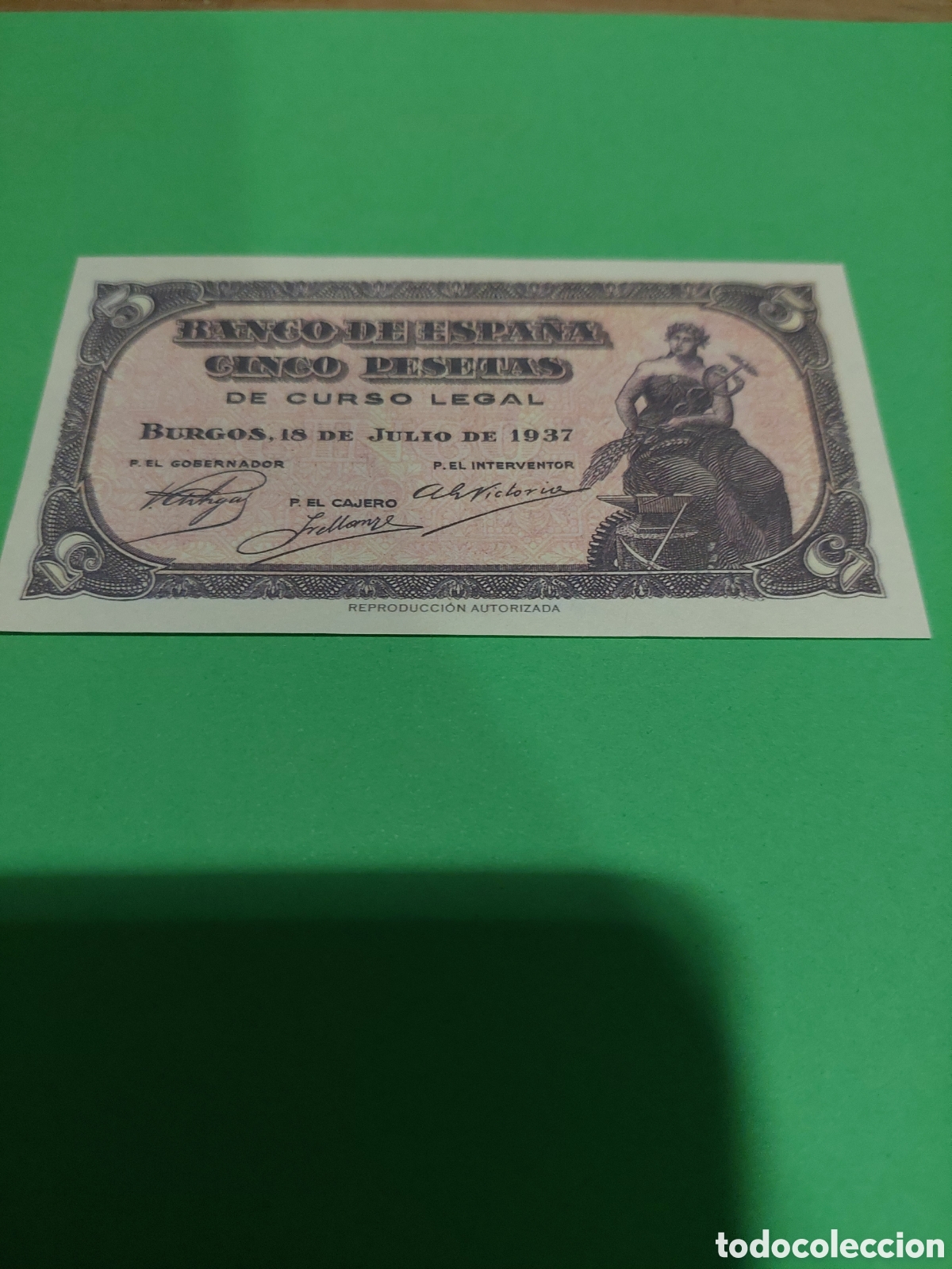Reproducciones billetes y monedas: REPRODUCCI&Oacute;N AUTORIZADA BANCO ESPA&Ntilde;A BURGOS 18 JULIO 1937 BILLETES FRANQUISTA 5 PESETAS