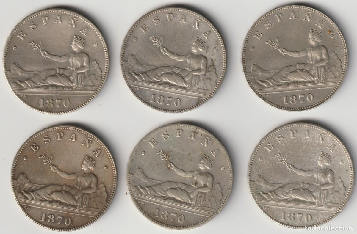 Reproducciones billetes y monedas: Espa&ntilde;a. Lote de 6 monedas de 5 Pesetas 1870 Reproducciones