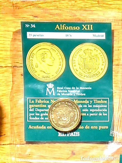 Reproducciones billetes y monedas: R&eacute;plica moneda de Alfonso XII en su estuche original- ba&ntilde;o oro 24 kt. ,Ceca Real Casa de la Moneda