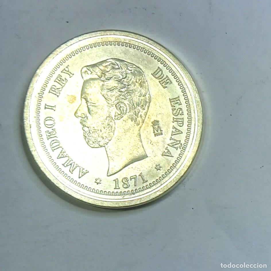 Reproducciones billetes y monedas: R&eacute;plica moneda de Amadeo I -a&ntilde;o 1871-ba&ntilde;ada en plata pura ,Ceca Real Casa de la Moneda