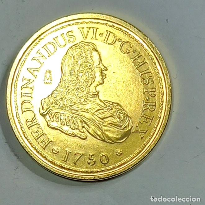 Reproducciones billetes y monedas: R&eacute;plica moneda de Fernando VI a&ntilde;o 1750-Madrid- ba&ntilde;ada en oro de 24 kt. ,Ceca Real Casa de la Moneda